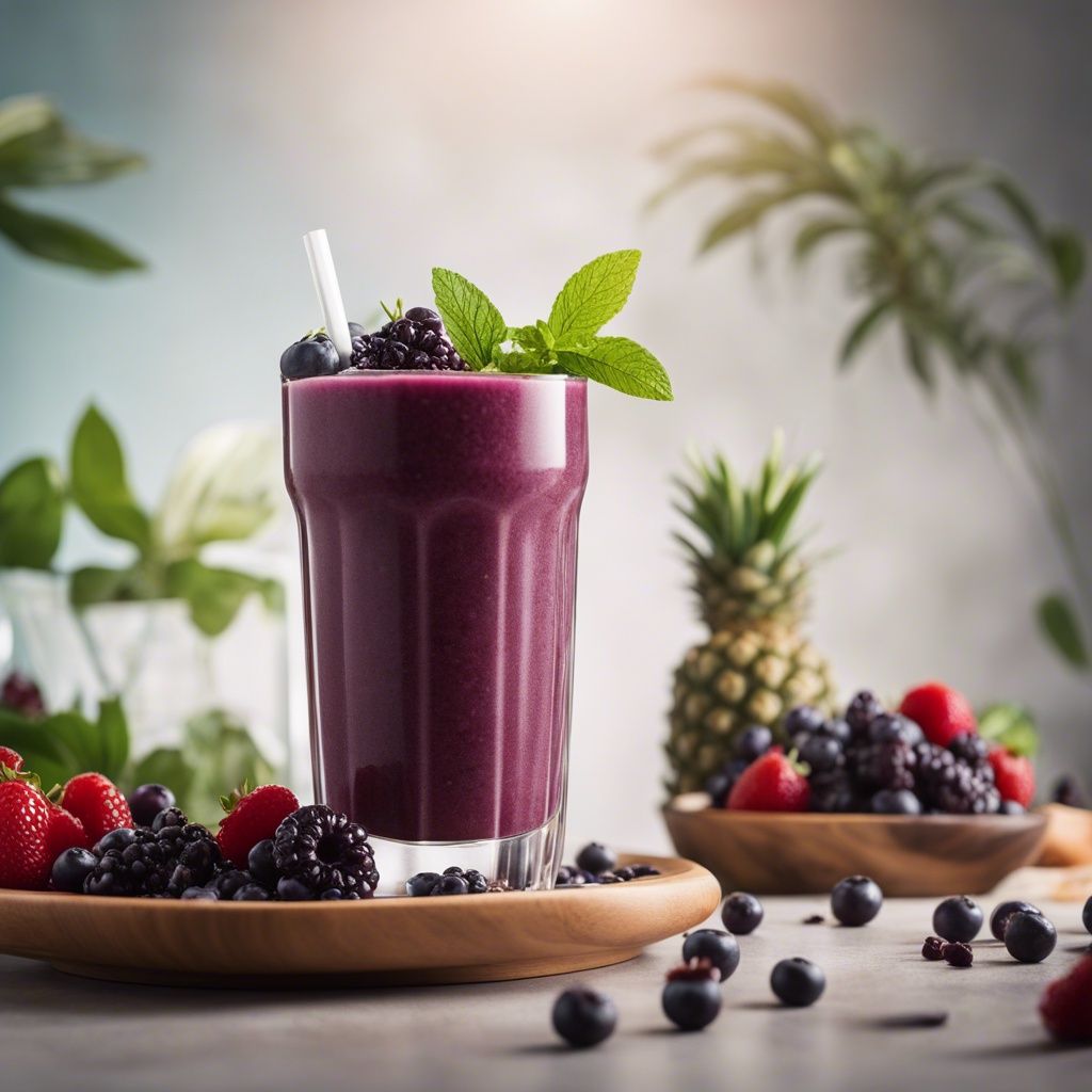 A beautiful tall glass of acai smoothie topped with blueberries, blackberries and mint.