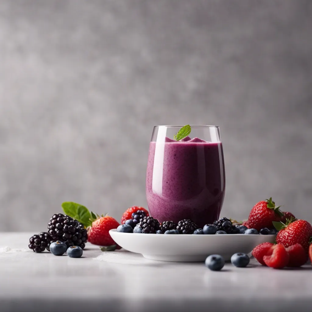 A glass of acai smoothie garnished with a single mint leaf and surrounded by goregous fresh berries.