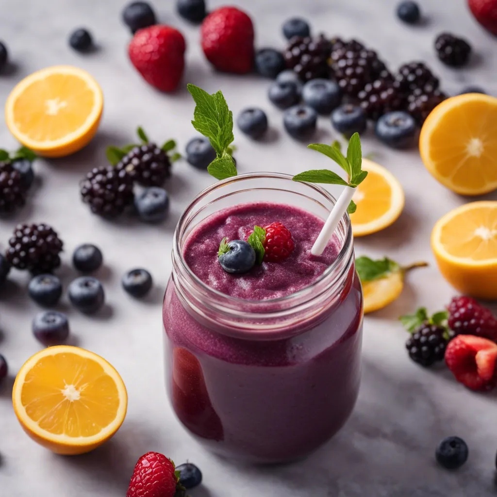 A glass of acai smoothie as seen from above with a clear straw and surrounded by fresh fruit such as berries and sliced oranges.