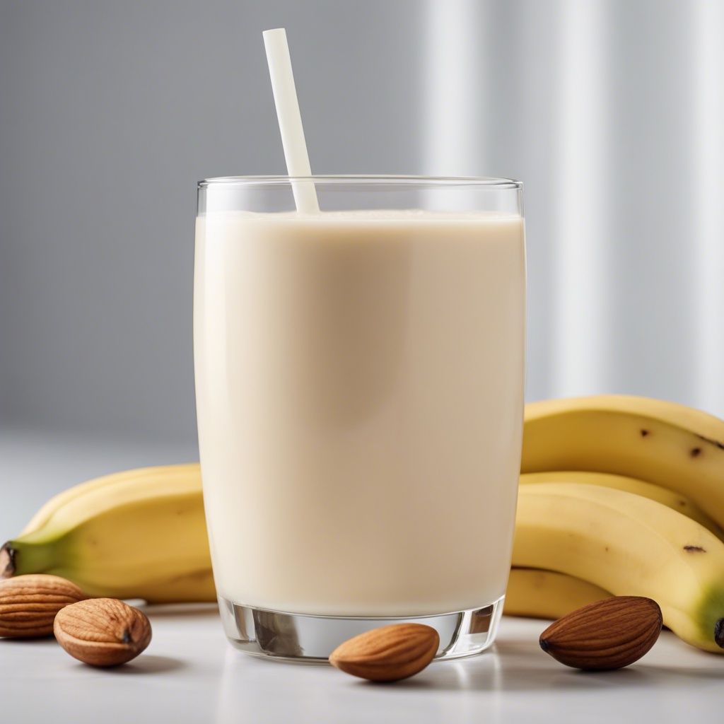 A simple glass of almond milk banana smoothie with a white straw, flanked by whole almonds and bananas in the background