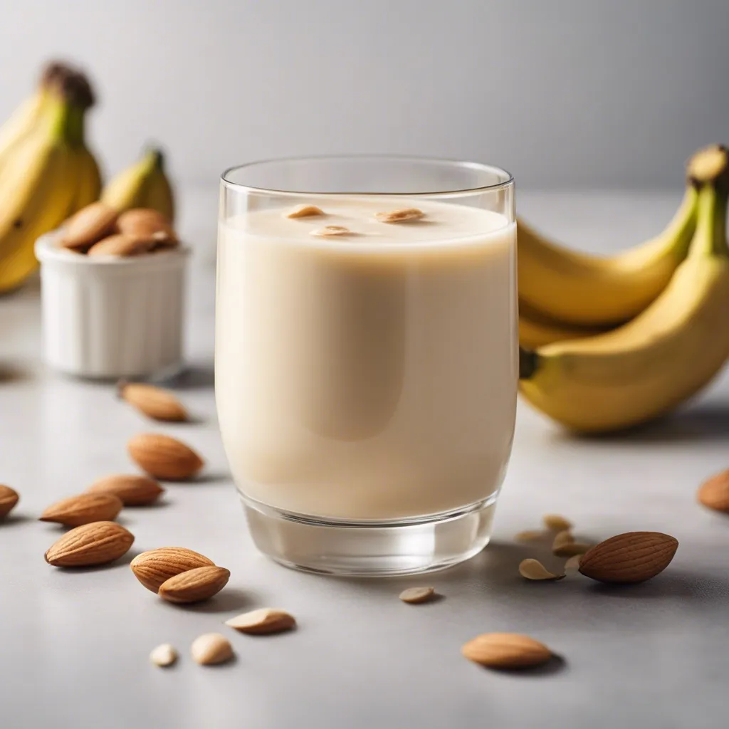 Almond milk banana smoothie in a clear glass with a few almonds on top, whole almonds scattered around, and bananas in the backdrop