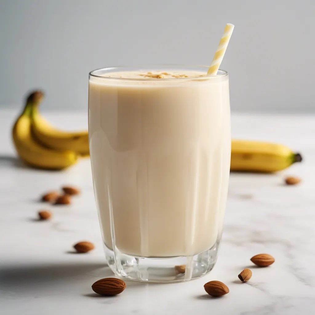 A tall glass of almond milk banana smoothie with a yellow striped straw, topped with ground almonds, with whole almonds and bananas beside it