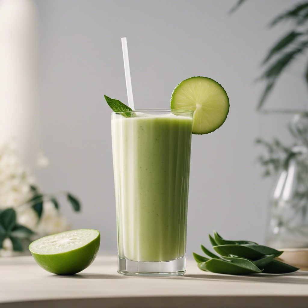 A glass of aloe vera smoothie with a white straw, garnished with a lime slice and mint, with aloe vera leaves and lime halves on a wooden surface.