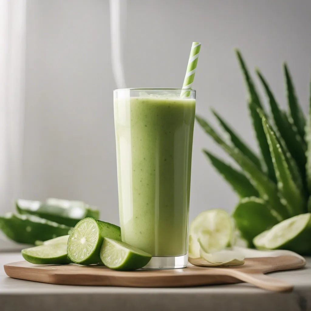 A tall glass of aloe vera smoothie with a striped straw, surrounded by aloe vera plant, lime slices on a wooden board against a neutral background.