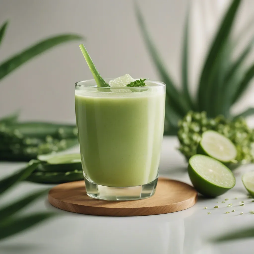 A short glass of aloe vera smoothie on a wooden coaster, with fresh aloe vera leaves and lime slices in the background on a white surface.