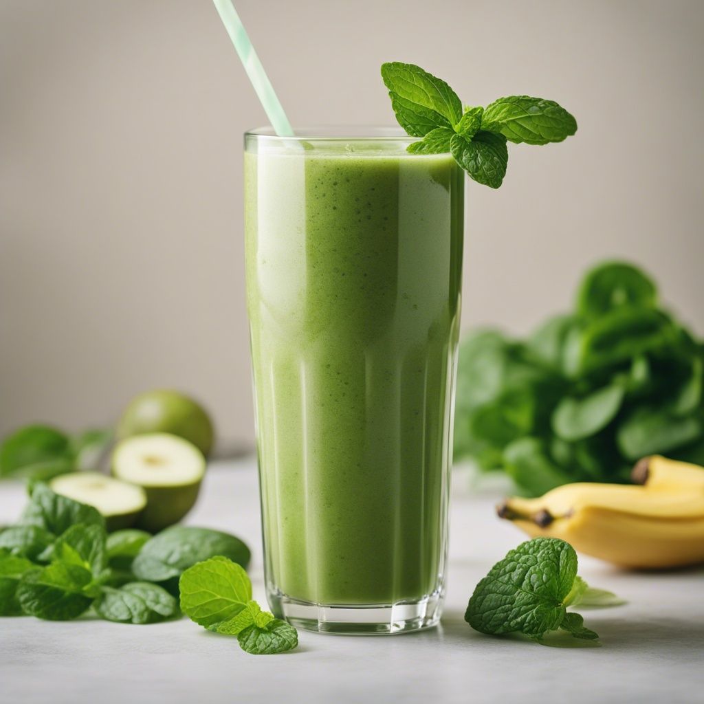 A vibrant green apple banana spinach smoothie in a glass with mint for garnish