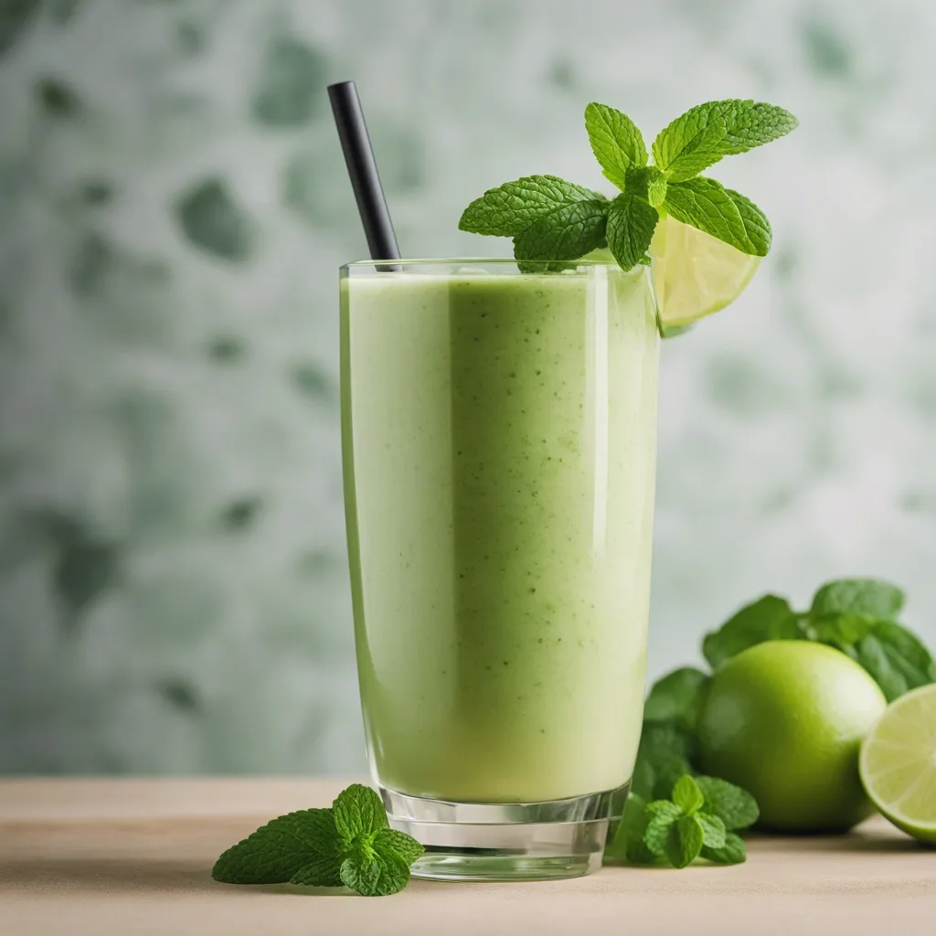 A close up of a glass of apple banana spinach smoothie with a black straw and mint garnish