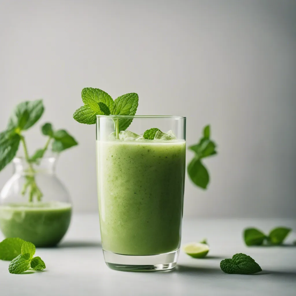 Apple banana spinach smoothie garnished with mint