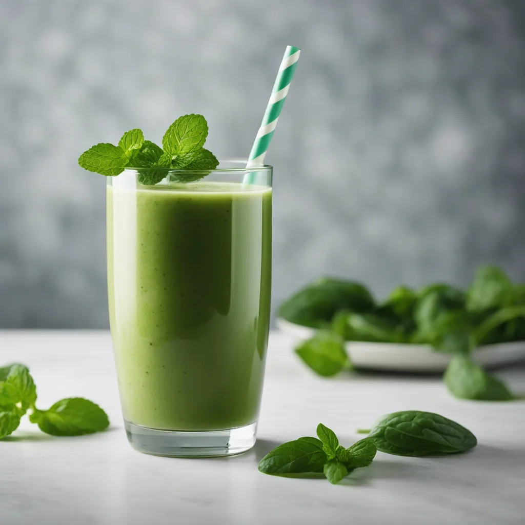 Apple banana spinach smoothie garnished with mint and a green and white stripped straw