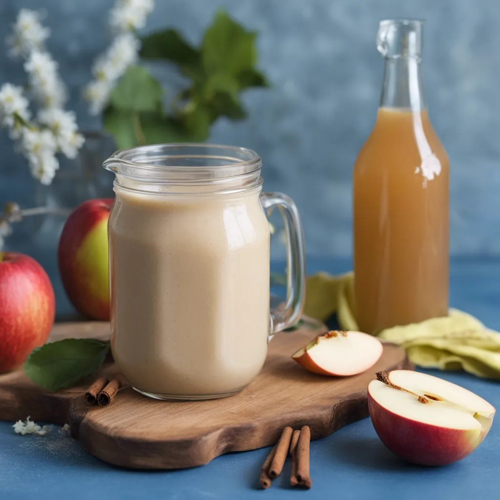 A glass of apple cider vinegar smoothie on a wooden chopping board.