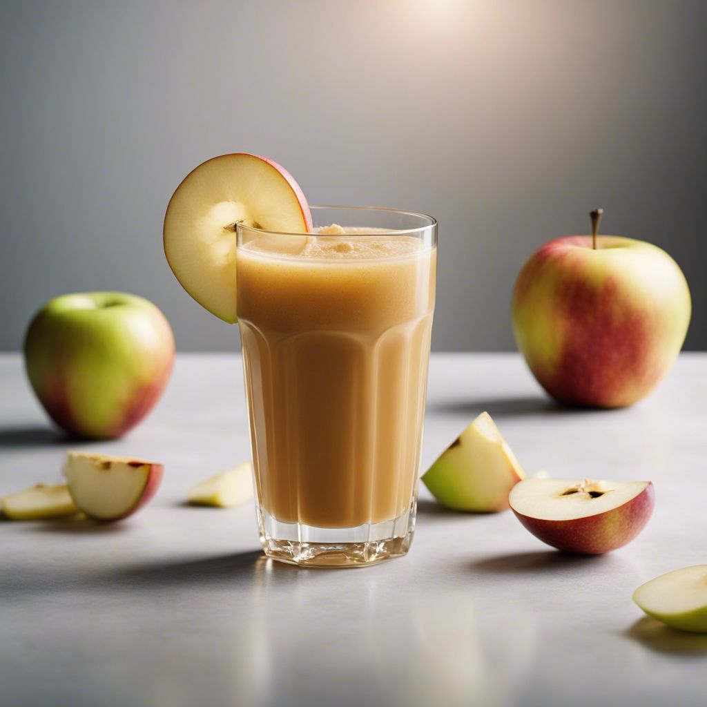 A frothy Apple Juice Smoothie in a clear glass garnished with a slice of apple, with whole and sliced apples on a table with subtle lighting in the background.