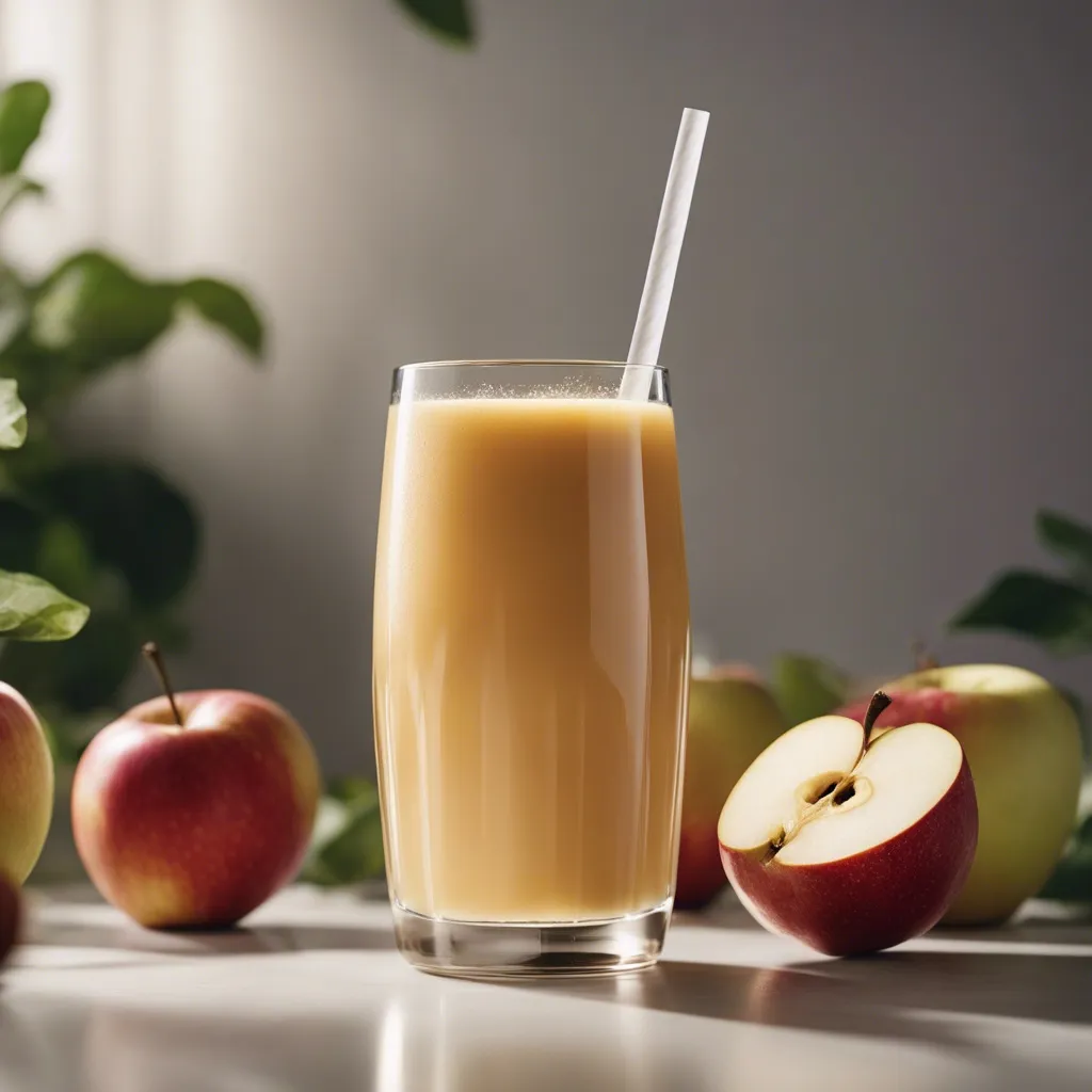 A tall glass filled with a Apple Juice Smoothie, accompanied by a white straw, set against a backdrop of apple trees and scattered whole apples on the surface.