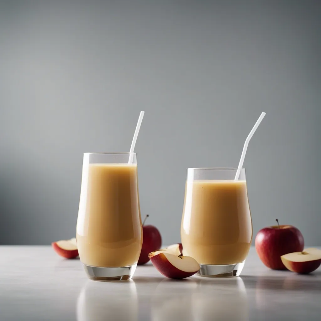 Two glasses of Apple Juice smoothie with white straws, side by side, surrounded by apple slices and whole apples on a reflective surface with a soft grey background.