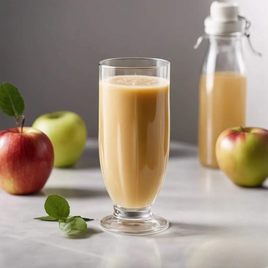 An elegant Apple Juice smoothie served in a tall glass, with a green apple and a red apple on the side, a bottle of smoothie, and a sprig of mint on a grey countertop.