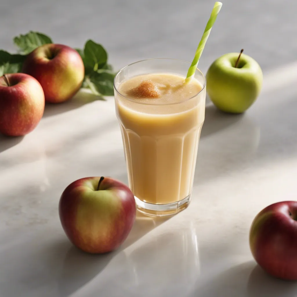  A glass of Apple Juice smoothie with a patterned yellow and green straw, flanked by ripe apples and green leaves on a well-lit table with a shadow play from the leaves.