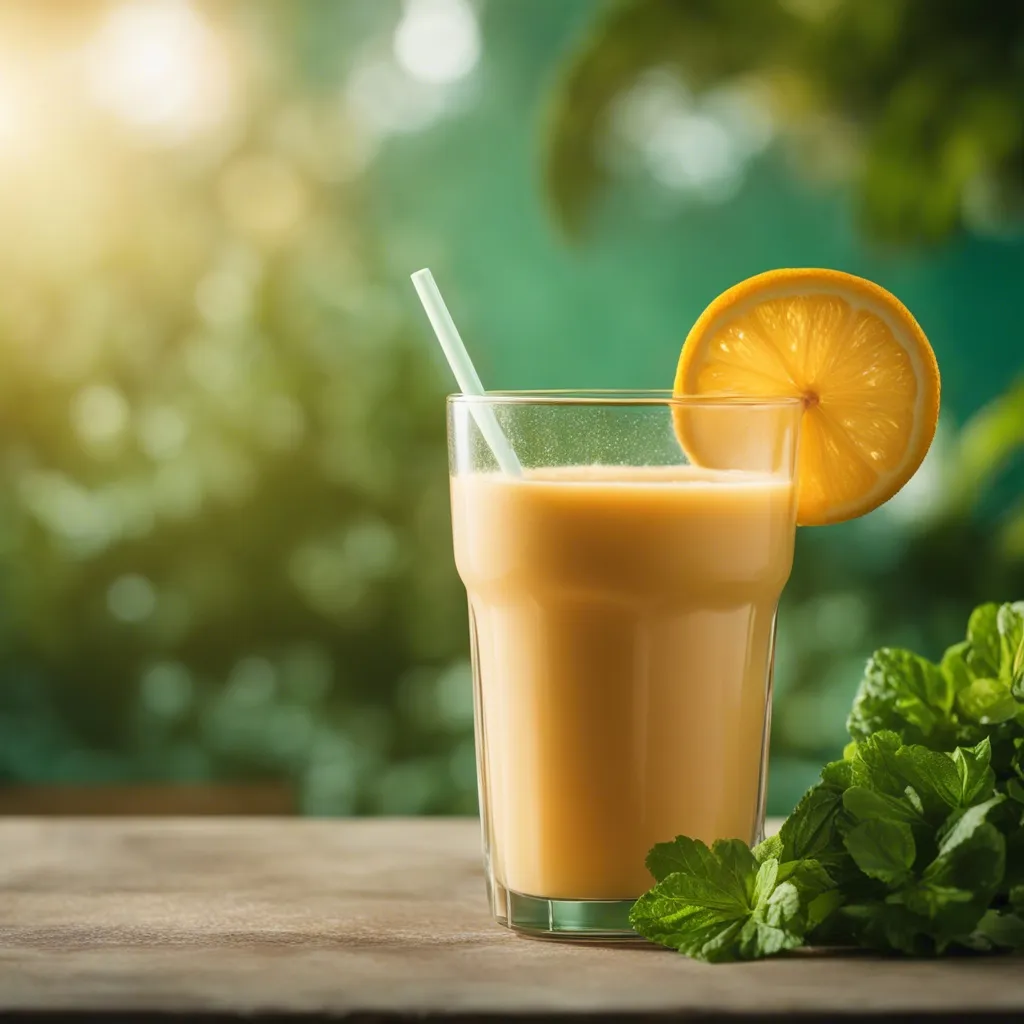 A vibrant apple and orange smoothie in a glass, garnished with an orange slice