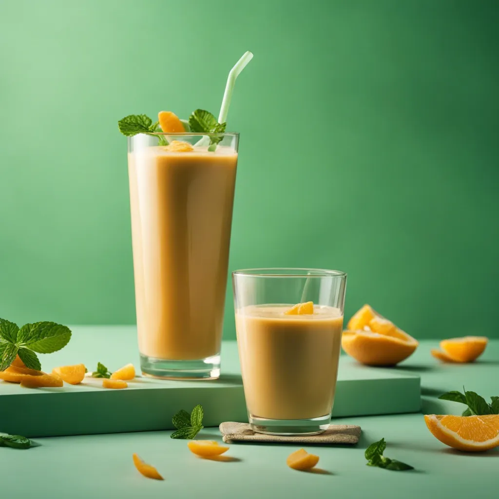 Apple and Orange Smoothie served in two glasses on a green backdrop