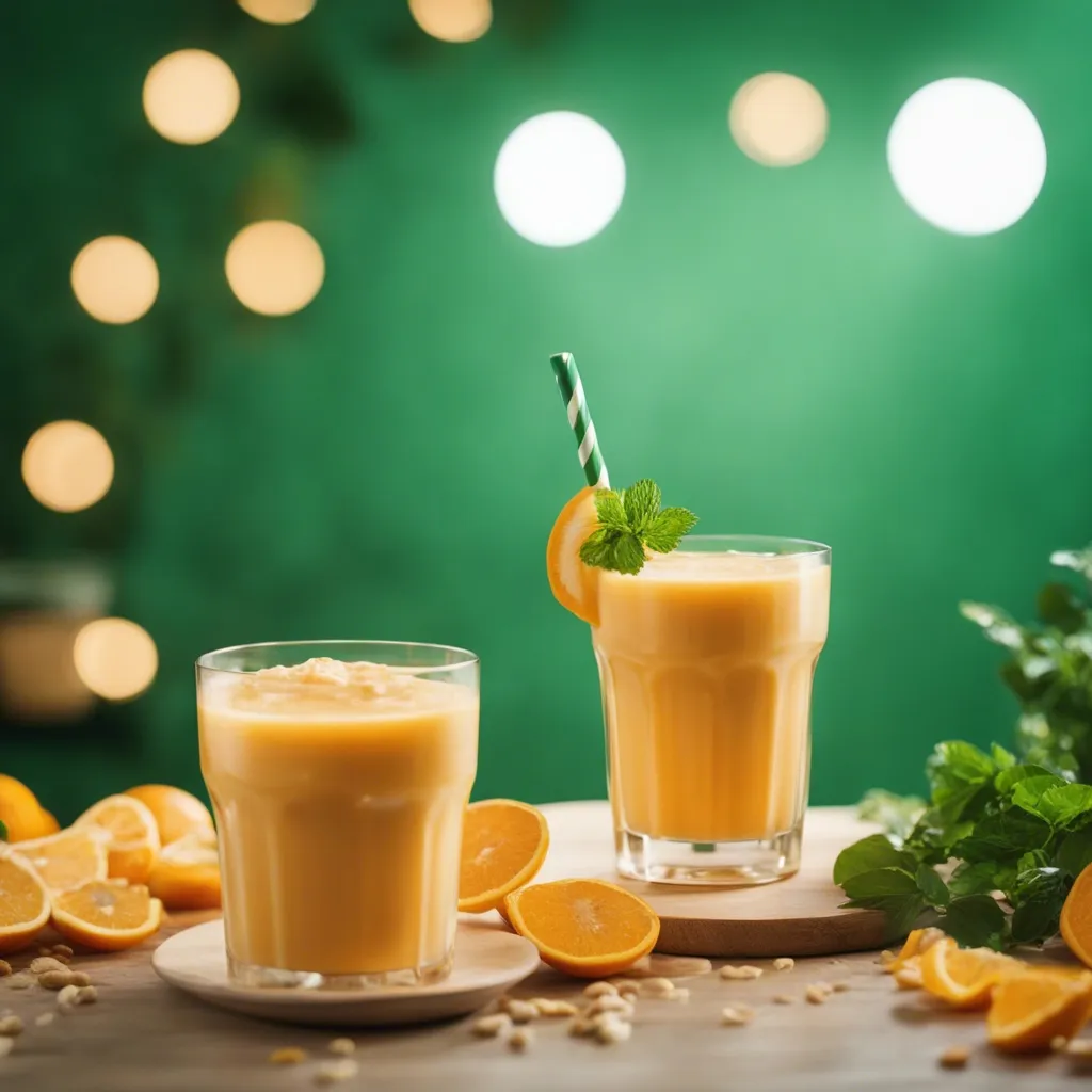 small and one medium glass of orange and apple smoothie, the larger cup has a straw and an orange slice as garnish