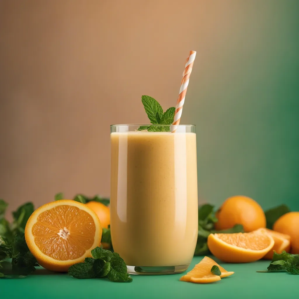 Refreshing apple and orange smoothie with mint as garnish and a straw.