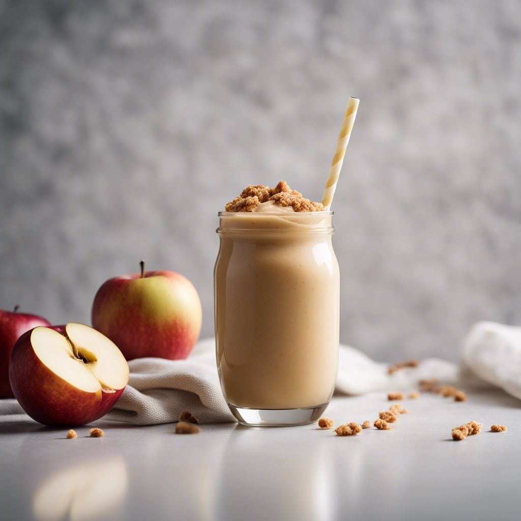 A creamy apple pie smoothie in a mason jar, topped with a dollop of whipped cream and crumbled pie crust, served with a yellow striped straw. Fresh apples and crumbs are scattered around on the table.