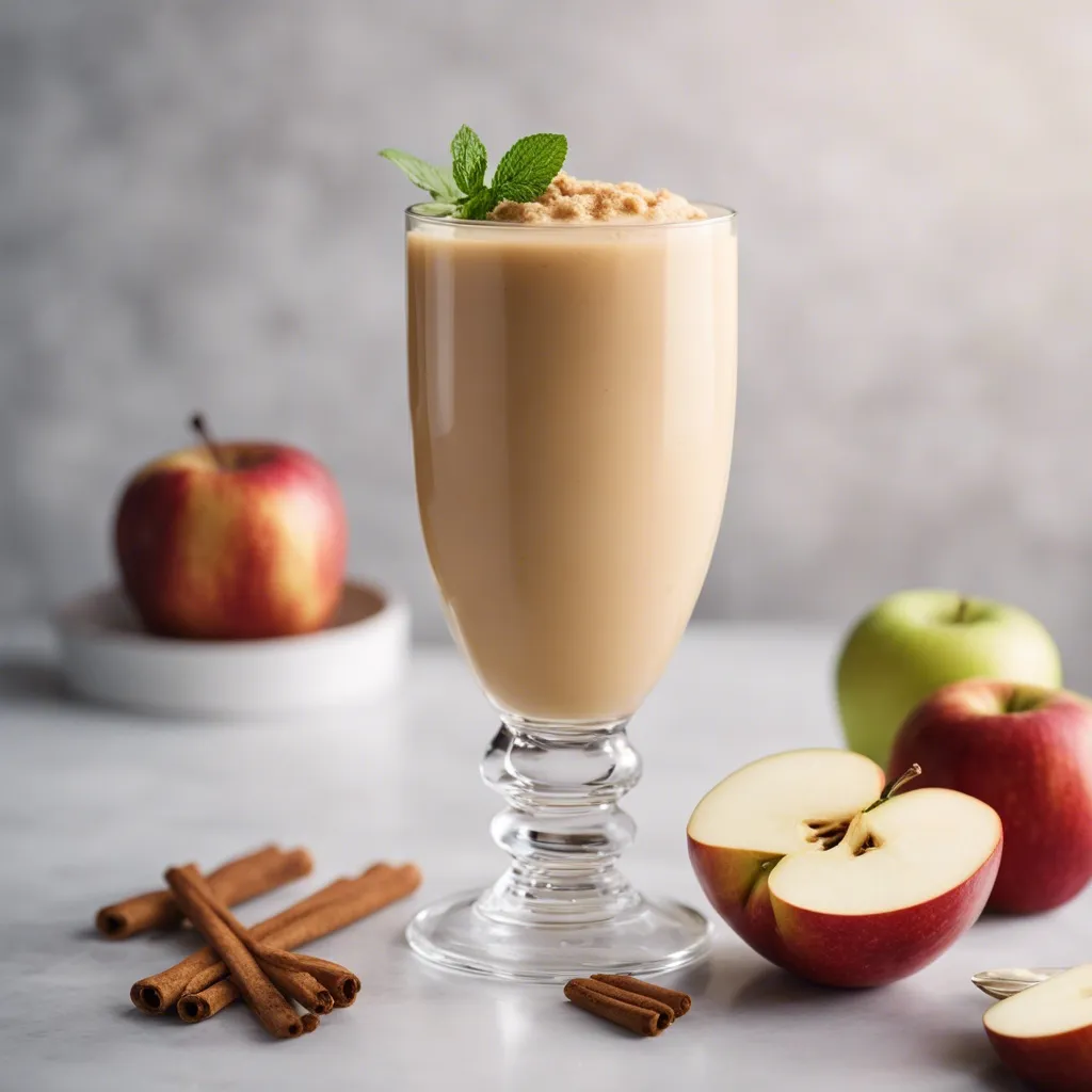 An elegant apple pie smoothie served in a stemmed glass, garnished with a mint leaf and a sprinkle of cinnamon, surrounded by apples and cinnamon sticks on a marble countertop.