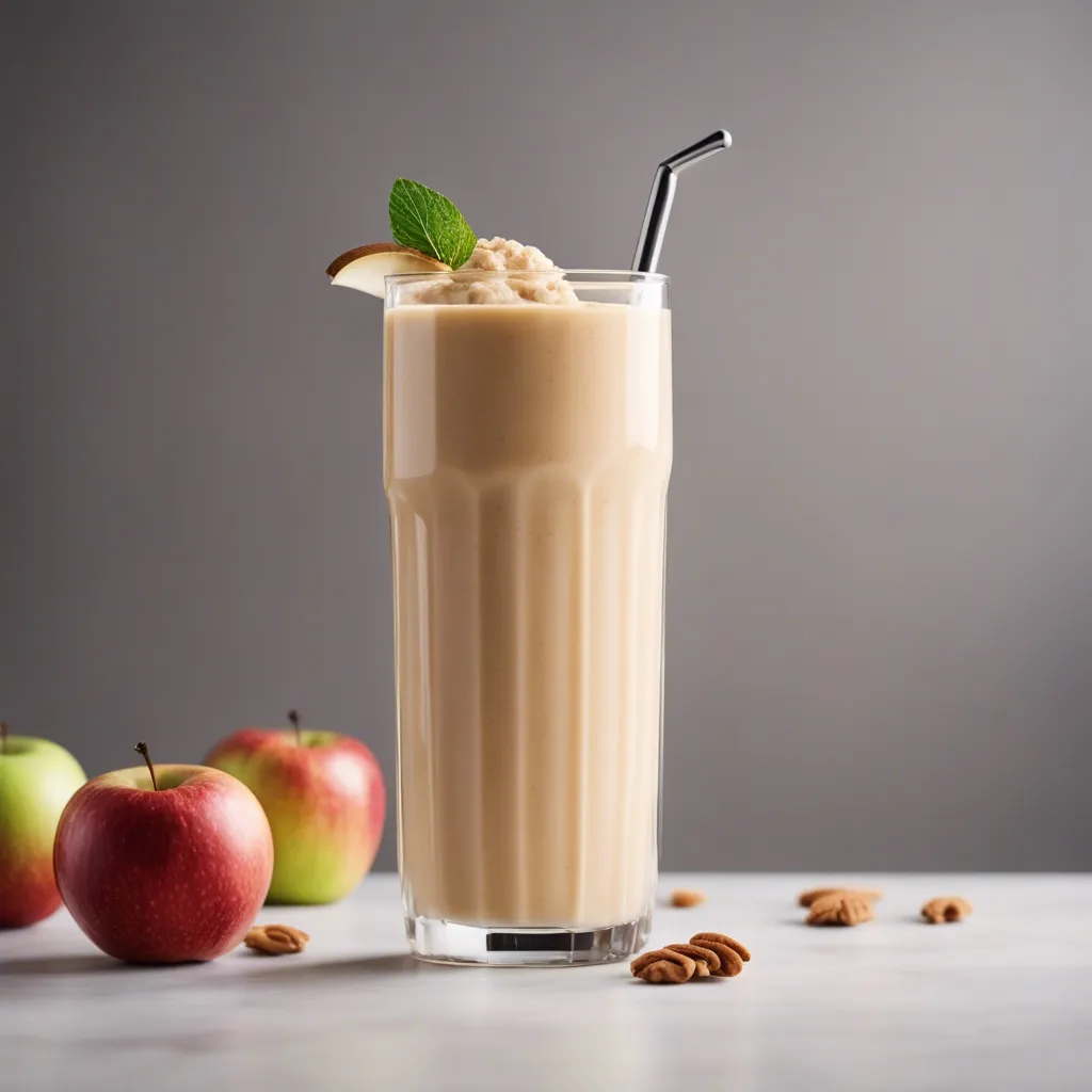 Delicious apple pie smoothie in a tall glass, garnished with a slice of apple, mint, and crumbled pie crust, with a metal straw. Whole and sliced apples with pie crust pieces adorn the background.