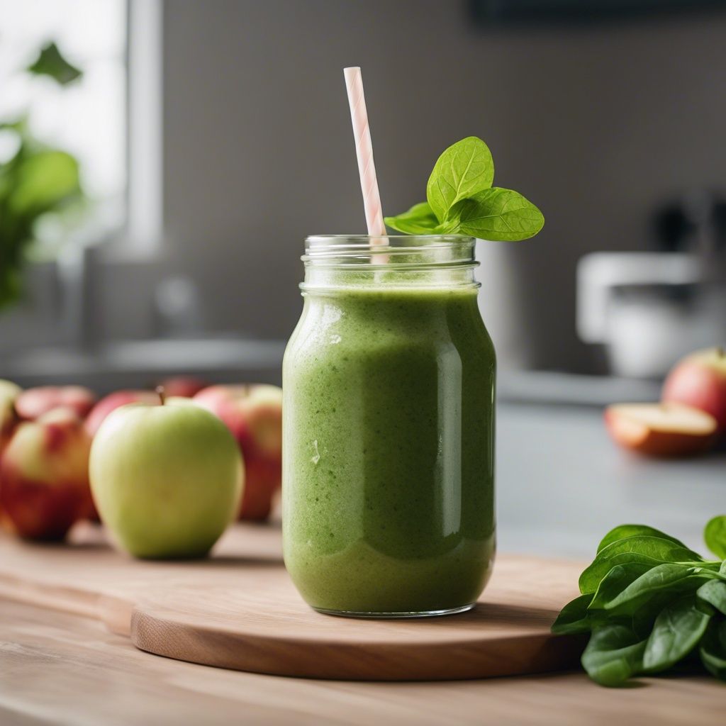 A jar-like glass of Apple Spinach Smoothie on a kitchen counter, garnished with mint and surrounded by delicious apple and leaves of spinach.