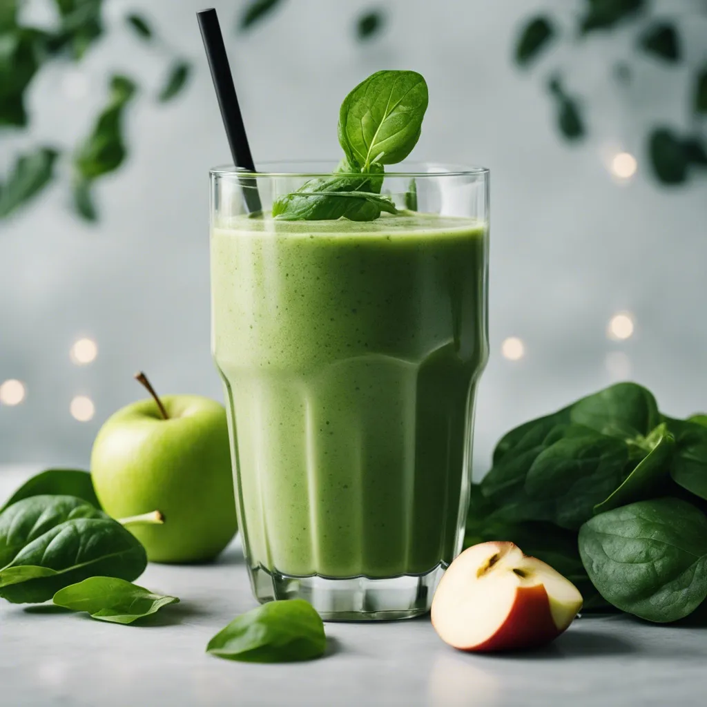 A glass of Apple Spinach Smoothie garnished with spinach leaves and surrounded by apples and fresh spinach. There is also a black straw in the glass.