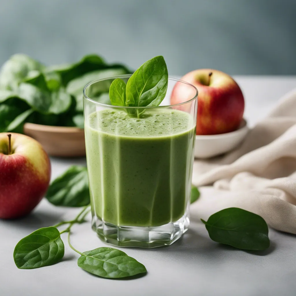 A semi-overhead view of a beautiful glass of Apple Spinach Smoothie garnished with spinach leaves and surrounded by apples and fresh spinach on a kitchen counter