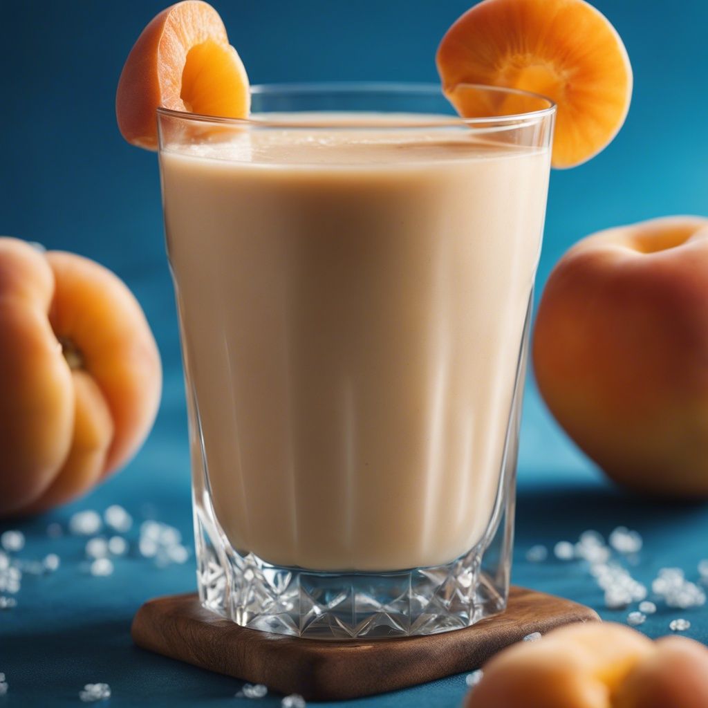 A close up of a apricot smoothie in a glass with apricot as garnish