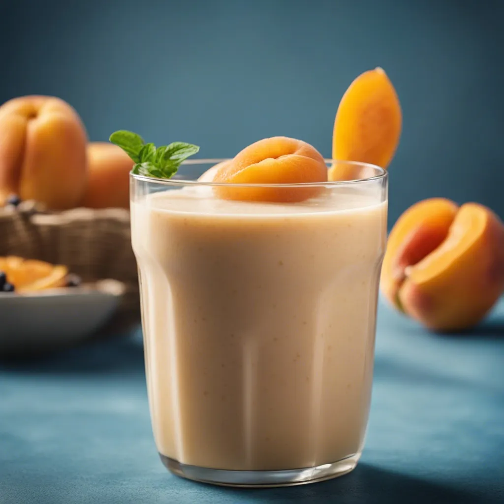 A close up of a apricot smoothie in a glass with apricot and mint as garnish