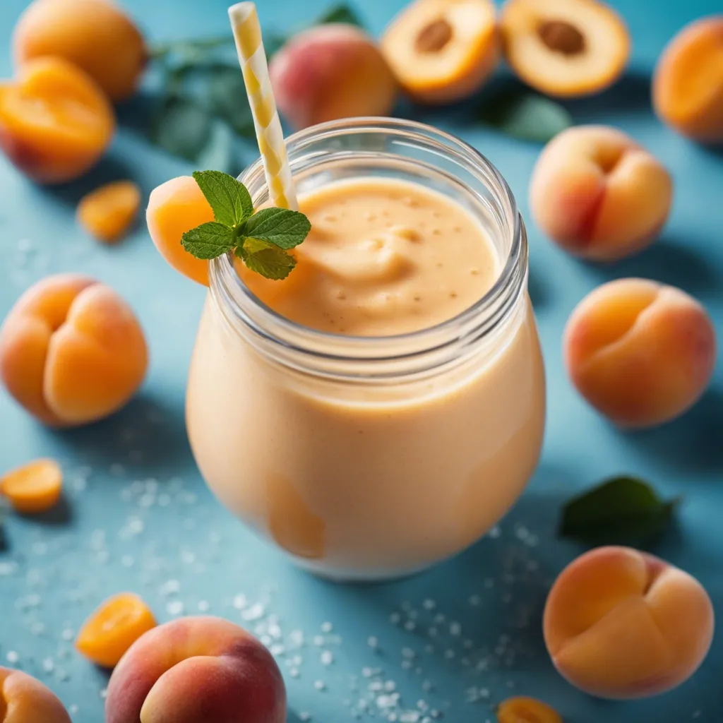 A close up of a apricot smoothie in a jar shaped glass with a yellow and white straw and mint as garnish