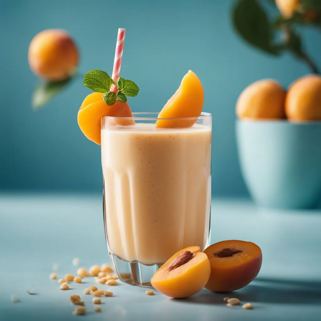 A close up of a apricot smoothie in a glass with a red and white straw and apricot and mint as garnish