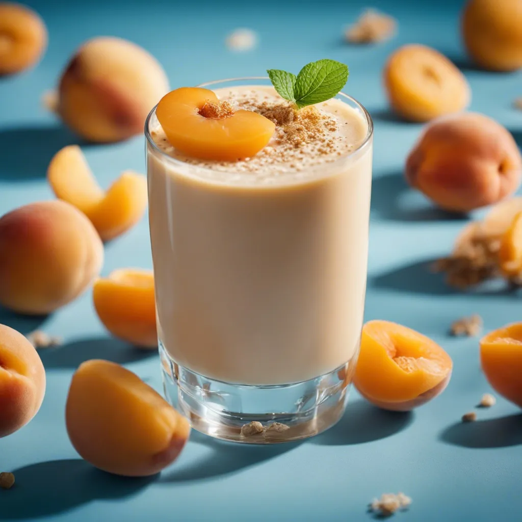 A close up of a apricot smoothie in a glass with apricot, mint and crushed nuts as garnish