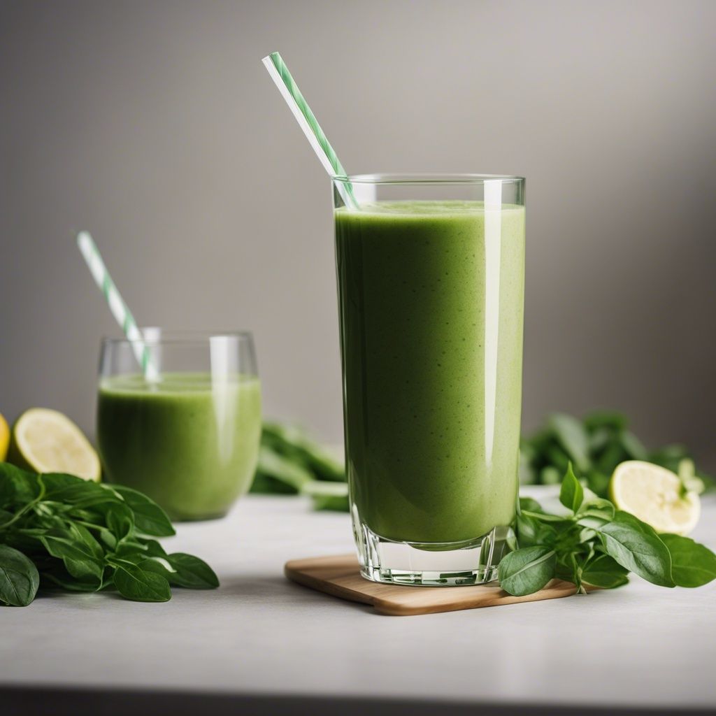 A tall glass of arugula smoothie with a straw on a wooden coaster, fresh arugula leaves, and lemon slices in the background on a white surface.