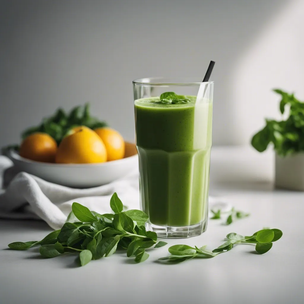 A glass of arugula smoothie with a black straw, accompanied by fresh arugula and lemons on a white surface with a soft shadow background.