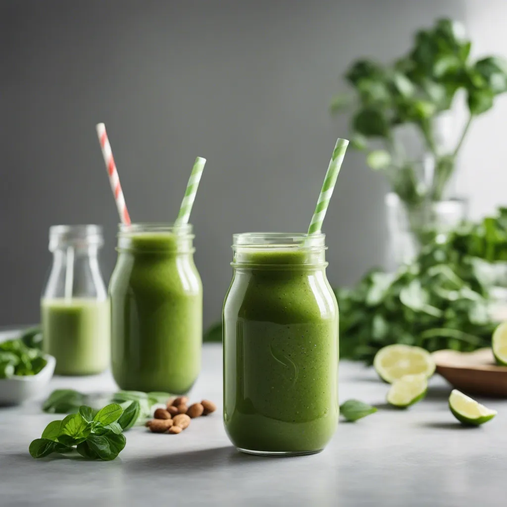 Two jar glasses of arugula smoothie with striped straws, surrounded by fresh arugula, almonds, and lime slices on a grey surface.