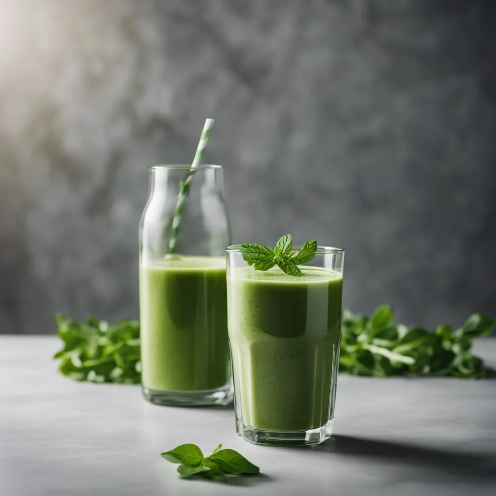 A glass of arugula smoothie beside a filled bottle with a straw, both on a grey surface with fresh arugula leaves scattered around and a textured backdrop.