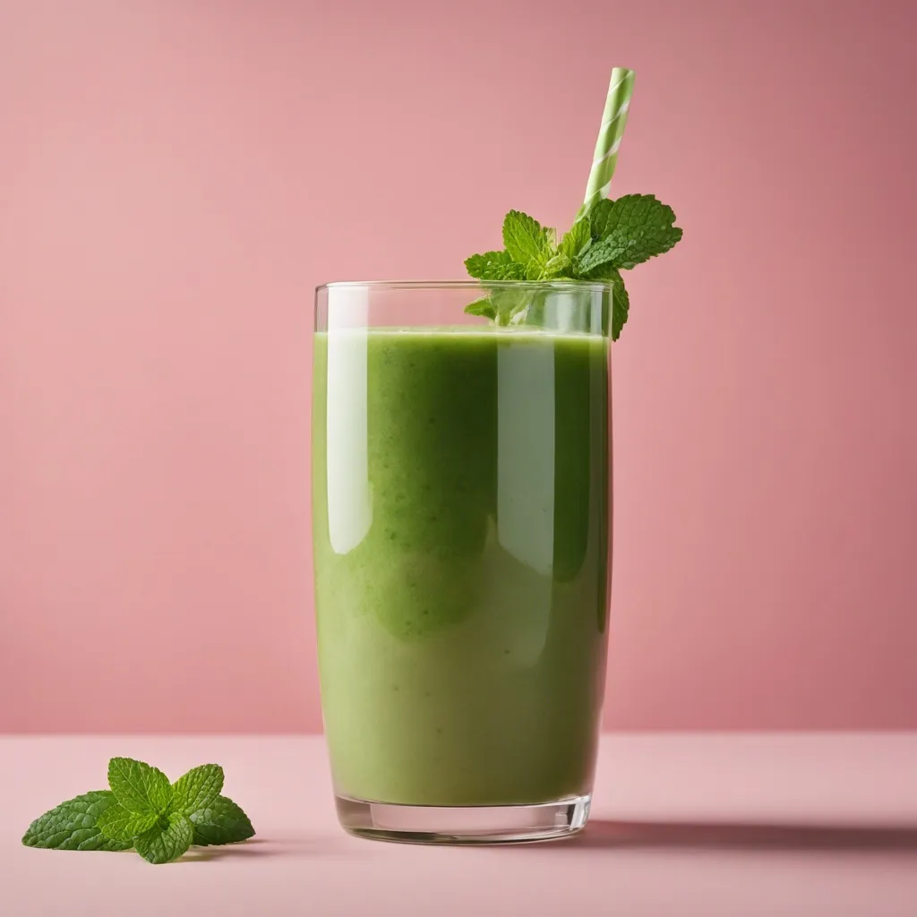 An Athletic Greens Smoothie set on a pink background with a straw and garnished with mint leaves.