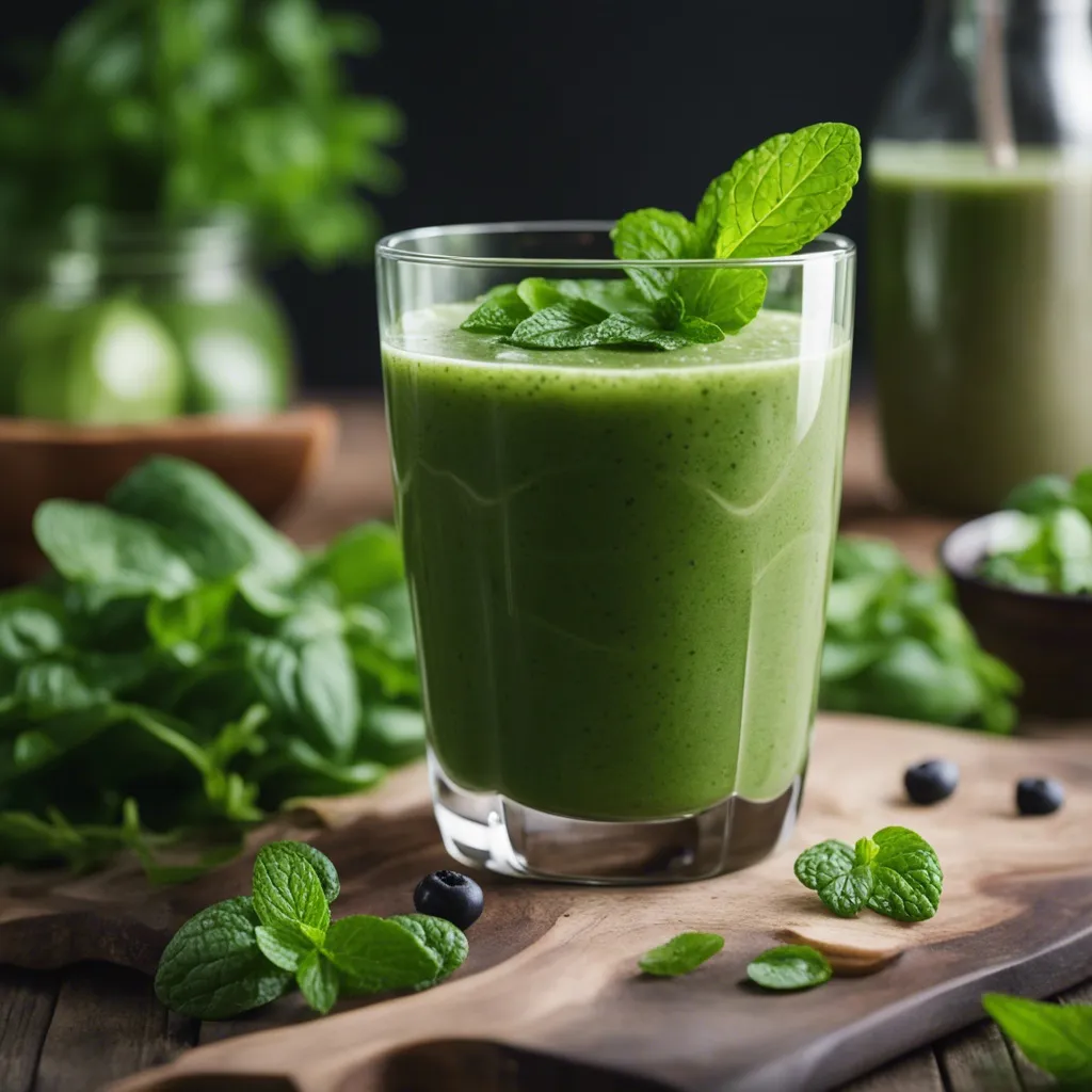 An Athletic Greens smoothie garnished with mint and surrounded by spinach and mint leaves in a kitchen setting.