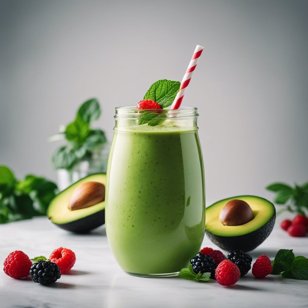 A glass jar filled with a green Avocado Berry smoothie, garnished with a mint leaf and raspberry, accompanied by whole avocados and berries on a marble countertop.