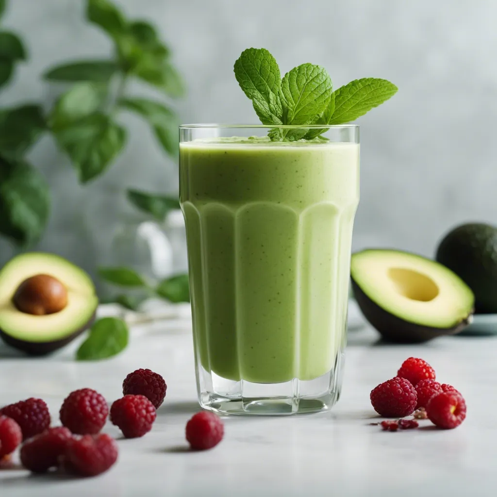 A tall glass filled with a creamy Avocado Berry smoothie, topped with a sprig of mint, with avocados and raspberries in the background on a marble surface