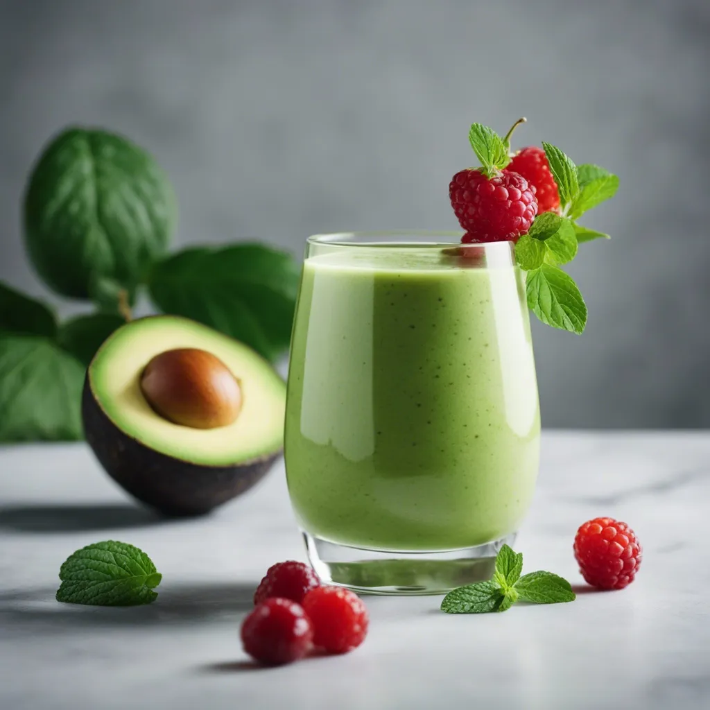 A clear glass containing a green Avocado Berry smoothie, topped with a raspberry and mint leaves, with avocados and berries scattered around on a grey backdrop