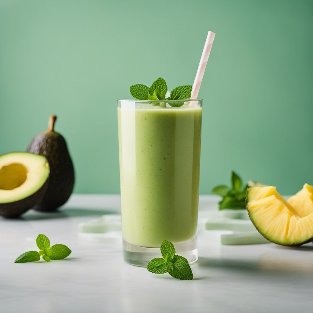 A creamy avocado pineapple smoothie in a tall glass with a pink straw, garnished with mint, with half an avocado and pineapple slices in the background against a green backdrop