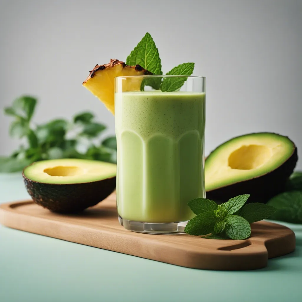 A refreshing avocado pineapple smoothie in a tall glass, accompanied by a slice of pineapple and mint leaves on a wooden board, with half an avocado and herbs in the background