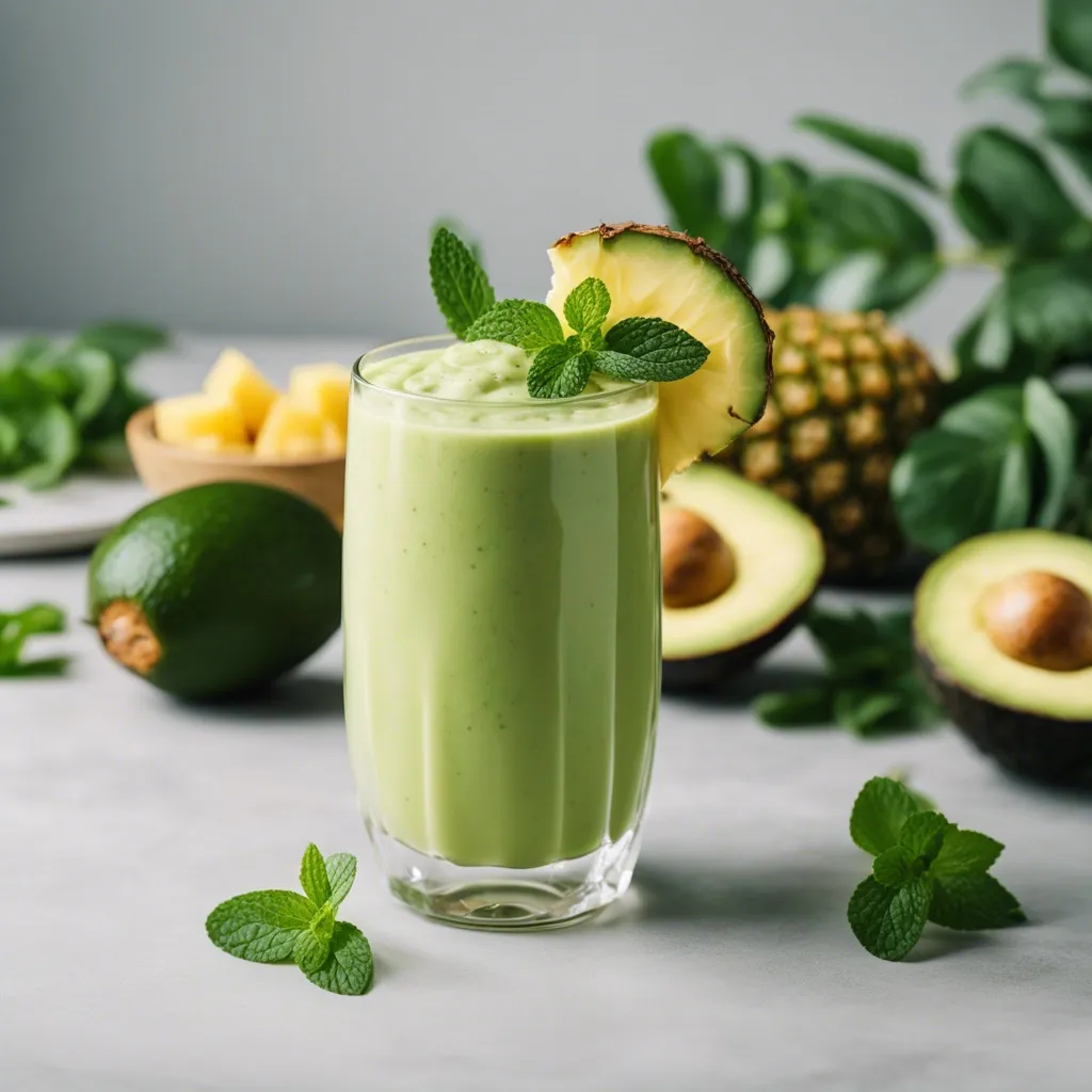 A glass of avocado pineapple smoothie topped with a slice of pineapple and mint, with whole pineapple, avocado, and mint leaves around on a marble countertop