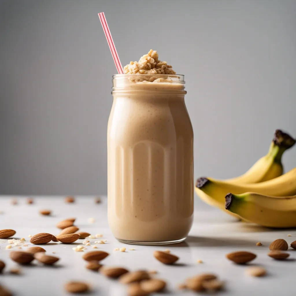 A jar-like of Banana Almond Butter Smoothie with a white and red straw on a kitchen counter. There are nuts scattered around in the foreground of the photo and bananas in the background.