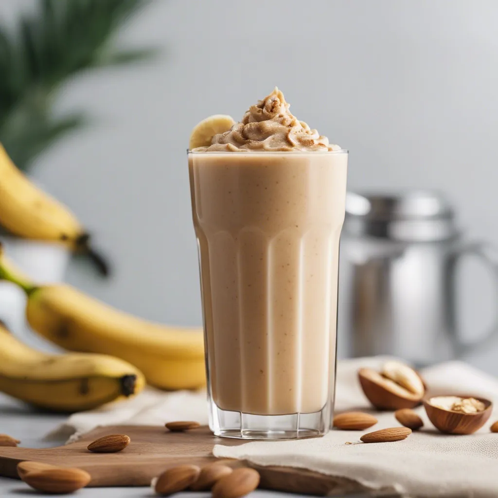 A tall glass of Banana Almond Butter Smoothie garnished with a small banana slice and surrounded by nuts and bananas on a kitchen counter.