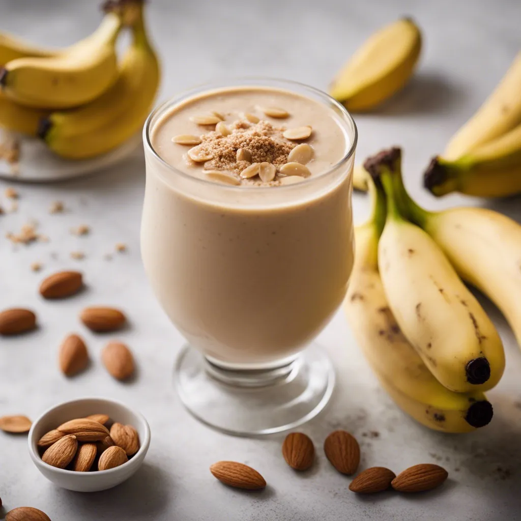 A glass of Banana Almond Butter Smoothie as seen from an overhead angle, garnished with ground and flakey almonds and surrounded by scattered almonds and bunches of bananas.