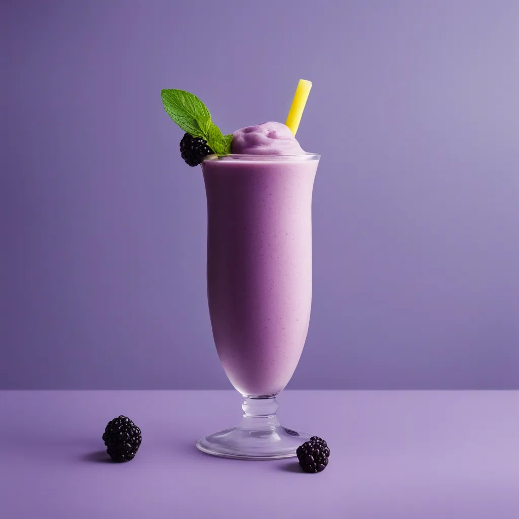 A rich and vibrant banana blackberry smoothie in a tall glass, garnished with fresh mint